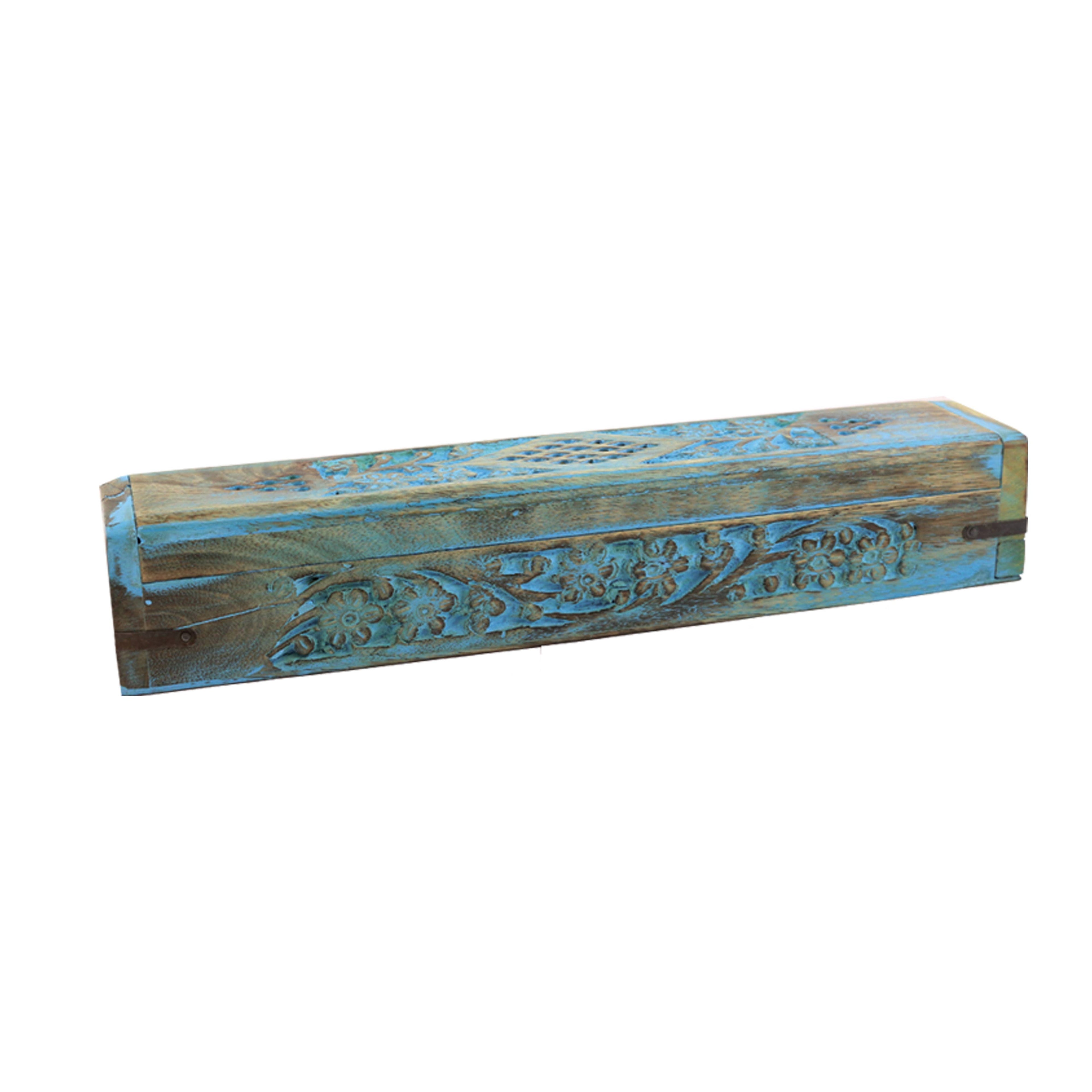 Hand Carved Wooden Incense Burner Box - Blue Floral