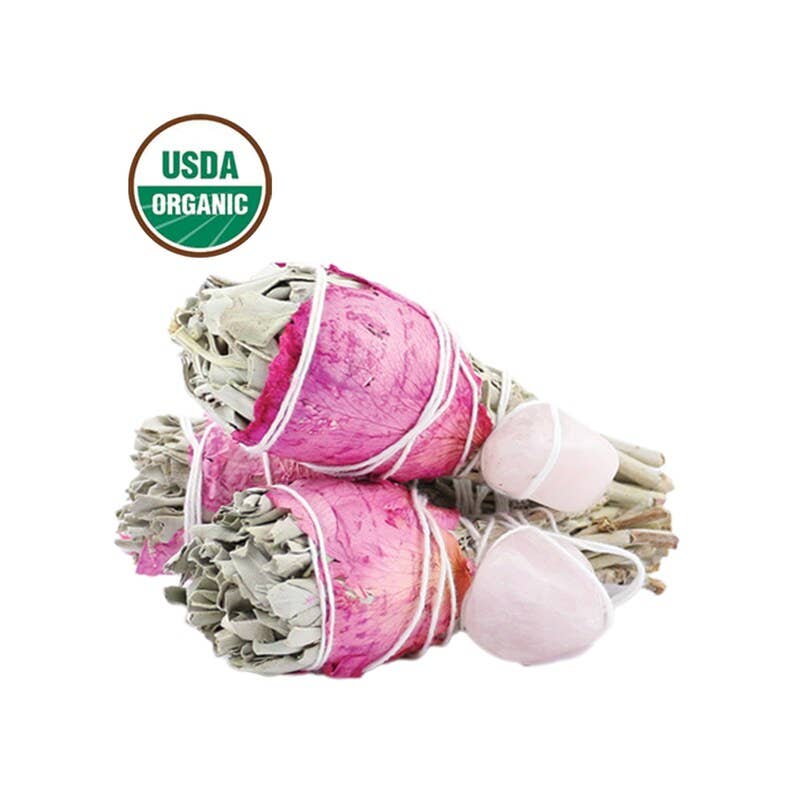 White Sage Torch w/ Rose Petals + Rose Quartz (4")
